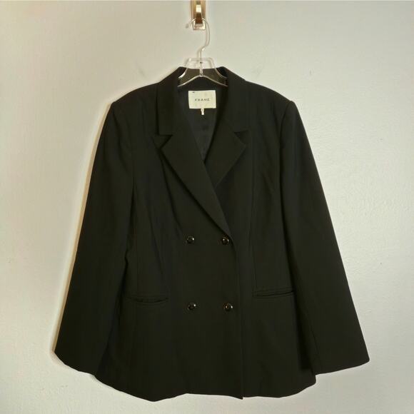 FRAME Wool Double Breasted Blazer Size 12 Noir Black Shoulder Pads Classic Chic - Picture 1 of 12